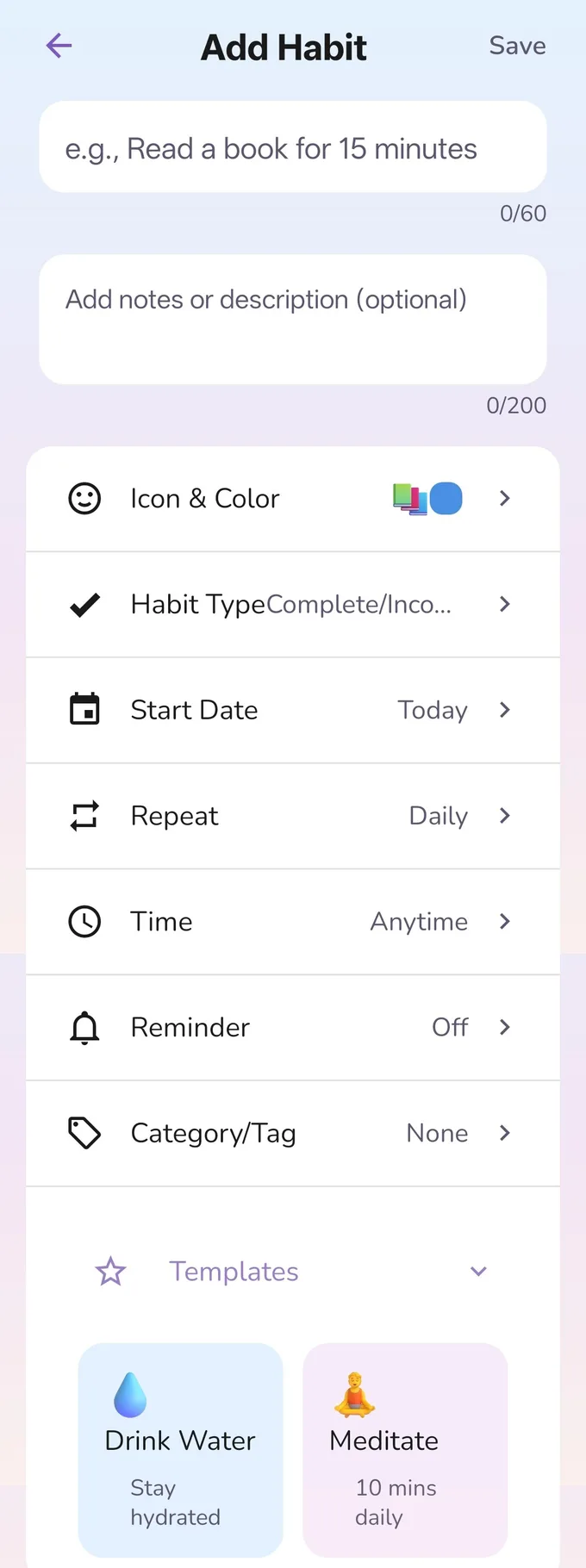 HabitVault add-habit screen with fields for name, icon and color, habit type, start date, and repeat schedule